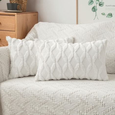 Set of 2 Soft Plush Wool and Suede Cushion Covers with Diamond Patterns on Both Sides, Decorative Pillowcase for Living Room, Bedroom, Sofa, 30x50 cm, White (1/5)