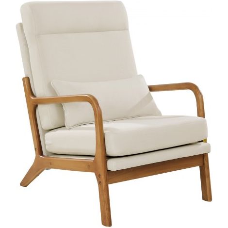 Sillón con Respaldo Alto, Moderno de Mediados de Siglo Estructura de Madera Maciza y Patas Antideslizantes Sillón Tapizado de Lino con Cojín Grueso de 13,5 cm para Sala de Estar y Dormitorio (1/5)
