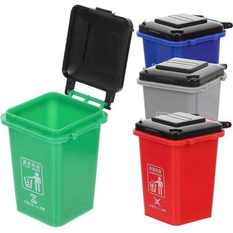 Set mit 4 Mini-Mülleimern für Kinder, zur Mülltrennung und als Miniaturdekoration. – 5,7 x 4 x 4 cm (1/3)