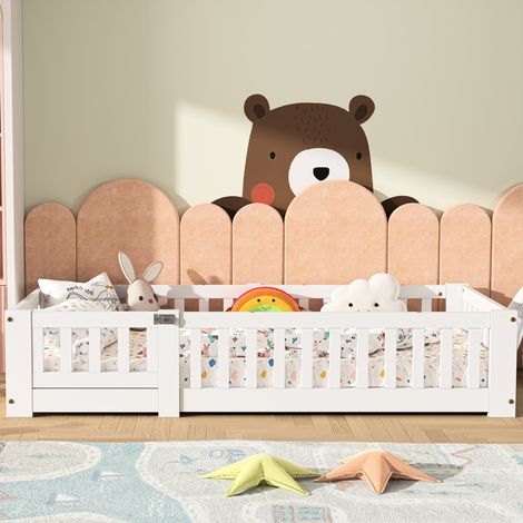 Lit au sol enfant 120x200 cm, Lit Montessori avec Barrière de sécurité,En pin massif, Lit simple avec sommier à Lattes, Blanc (1/5)