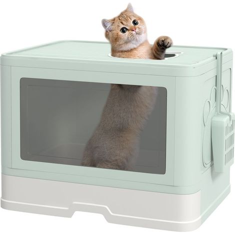 Bac à litière couvert pour chat avec pelle, brosse et 2 portes (entrée principale et sortie supérieure), 48,5 x 38 x 36,5 cm, vert clair (1/5)