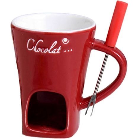 Mug à fondue au chocolat 130 ml en céramique avec fourchettes, idéal pour faire fondre chocolat, fromage et beurre. Facile à nettoyer et polyvalent. M[YJD] Rouge (1/5)
