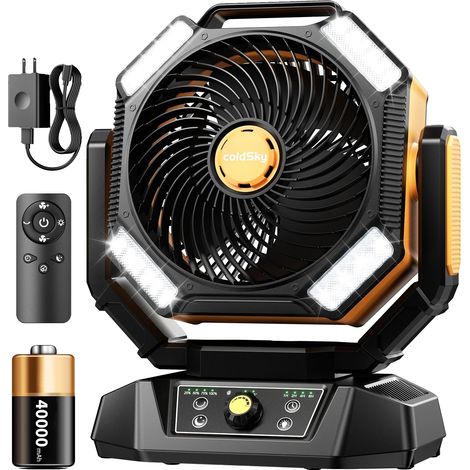 Ventilateur portable à batterie, 8 vitesses de vent, lanterne LED bicolore, Jaune (1/2)