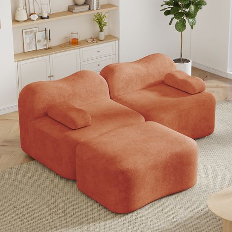 Canapé modulable 2 places 192 x 167 x 70 cm - Velours orange - Forme L, pouf, sans montage (1/5)