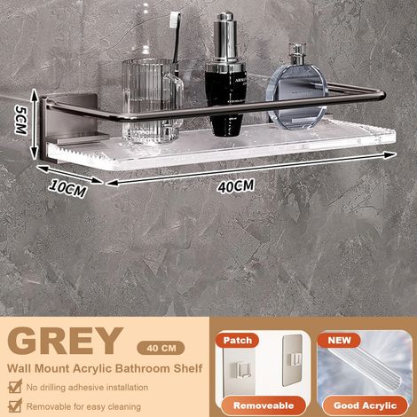 Étagère de salle de bain d'angle en acrylique gris (40 cm) avec crochets porte-serviettes, fixation murale sans perçage, en acrylique et aluminium spatial. (1/5)