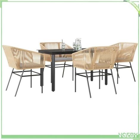 Ensemble à manger jardin - 5 pcs (table + 4 chaises) - poly rotin marron - plateau verre trempé - coussins gris (1/5)