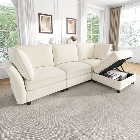 Canapé d’angle modulable en l 4 places 225x137x84 cm avec pouf de rangement, confort cloud, 2 coussins d’accoudoir,chenille, beige (1/5)
