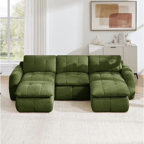 Divano modulare a U 3 posti, ciniglia verde, senza montaggio, 2 ottomani OKMYHOME (1/5)
