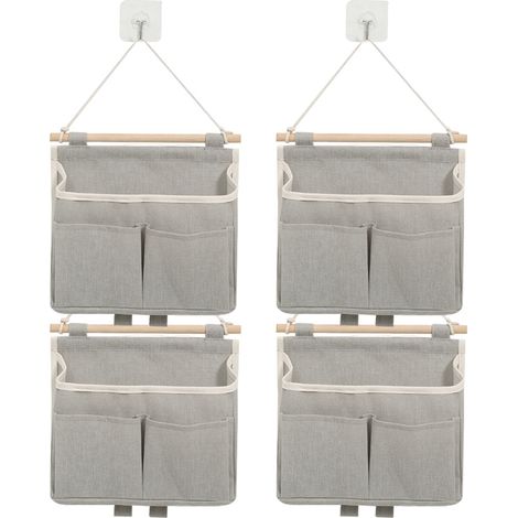 Sac De Rangement Murale - En Coton Et Lin - Avec Bâtonnets En Bois - Pour Livres Magazines Revues - 4 Pièces