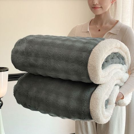 Couverture Épaissie Double Couche Bubble Fleece,150x200cm Plaid Polaire Chaud en Flanelle et Sherpa, Couverture Unie,Gris foncé (1/5)