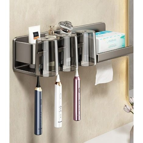 Zahnbürstenhalter ohne Bohren, multifunktionaler Wandbürstenhalter mit Becher, Aluminium, dunkelgrau, für 3 Personen, mit Becher (1/4)