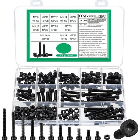Juego de 226 tornillos y tuercas M5, kit surtido de tornillos de cabeza hueca, juego de tornillos, pernos, tuercas y arandelas DIN912, pernos de cabeza hexagonal con tuercas (negro) (1/5)