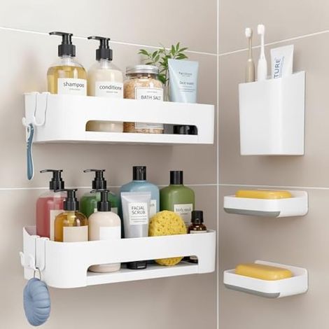 Lot de 5 étagères de douche, fixation sans perçage avec adhésif renforcé, plastique antirouille, set avec 4 crochets, design ajouré, séchage rapide, pour salle de bain/cuisine, blanc