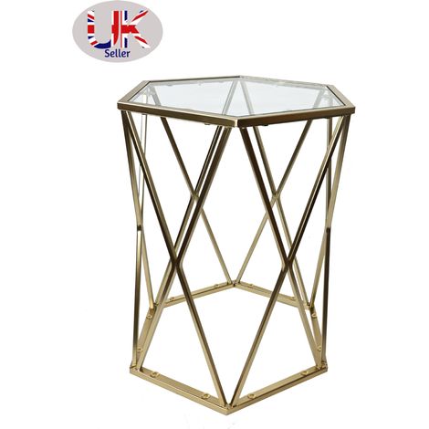 Coffee Table for Living Room Hexagon Glass Center Tables with Gold Metal Frame (1/2)