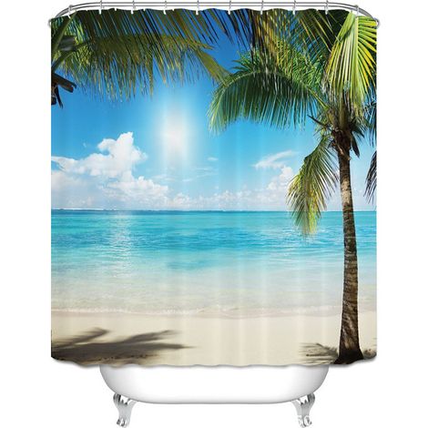 Rideau de douche en tissu polyester, doublure de rideau de douche imperméable, motif cocotier de plage 3D, rideau de salle de bain (180x200 cm) (1/2)