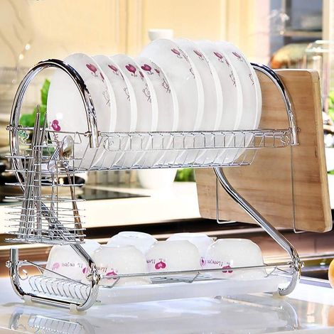 2 Tier Égouttoir Vaisselle Assiette Plat Écuelle Pour Cuisine Argent - Type 2 (1/9)
