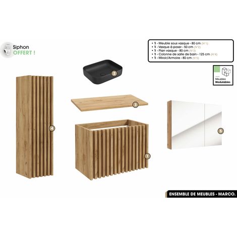 Ensemble complet de salle de bain - Meuble - Colonne - Miroir - Vasque à poser avec Siphon OFFERT MARCO Oak 80 x 56 x 45 cm (1/5)