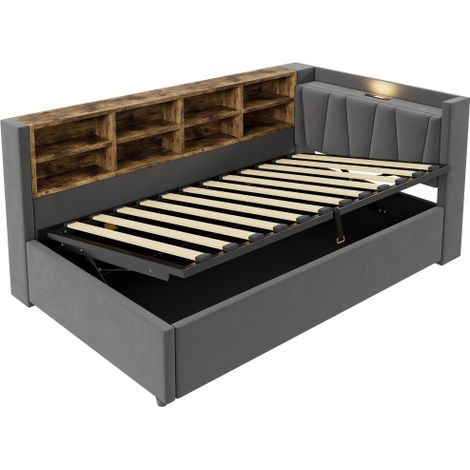 Polsterbett Schlafsofa, Mit Hydraulischem Stauraum, Mit Nachtlicht, USB- und Typ-C-Ladeanschluss, Mit Ablagen und Staufächern, Gepolstertes Kopfteil, Multifunktionsbett, Samtstoff