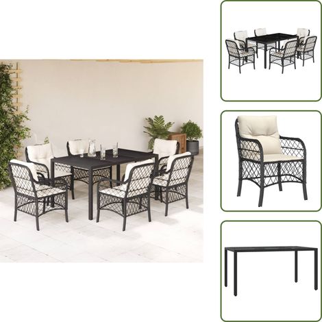 7-tlg. Garten-Essgruppe mit Kissen Schwarz Poly Rattan - Gartentisch - Gartenstuhl - Gartenmöbelset - Esstisch - Esszimmer (1/5)