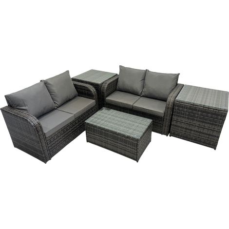 Fimous Outdoor Love Sofa Coffee Table Set Garden Rattan Furniture Set 4 Seater with 2 Side Tables Dark Grey (1/5)