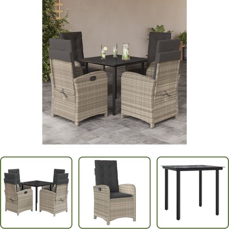 vidaXL Gartenessgruppe -  5-tlg. Garten-Essgruppe mit Kissen Hellgrau Poly Rattan (1/5)
