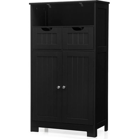 COSTWAY Bathroom Floor Cabinet Wooden Free Standing Storage Cupboard w/ Adjustable Shelf Black (1/5)