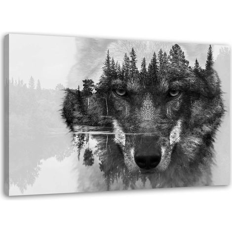 Image sur toile, Loup noir sur fond d'abstraction de forêt et de lac - 60x40 (1/5)