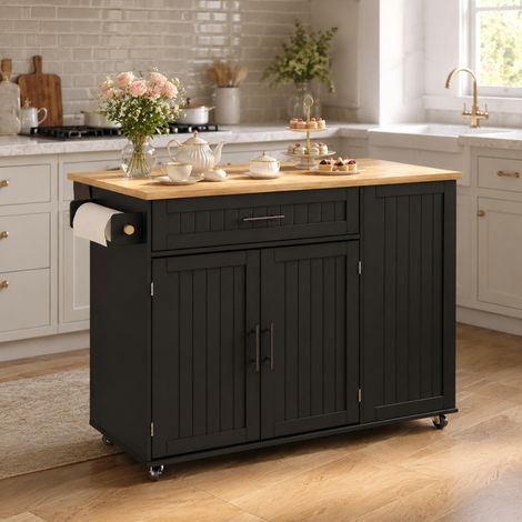 DESMIU Desserte de Cuisine avec Plan Rabattable, 1 Tiroir, Placard et Porte-poubelle, Noir, 130 × 70 × 93 cm (1/5)