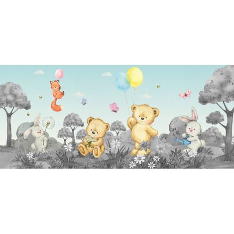 Poster géant horizontal animaux de la foret en noir et blanc - ourson, lapin, renard 170 x 75 CM (1/5)