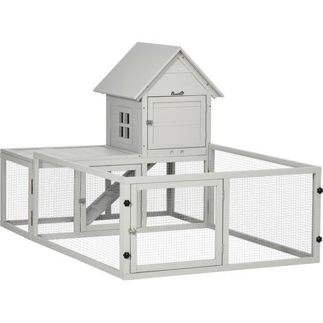 Indoor Rabbit Hutch, Guinea Pig Cage, with Slide-Out Tray, Large Fenced Area - Light Grey