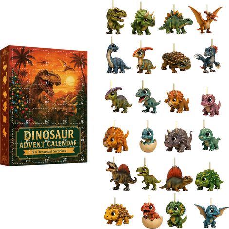 Calendrier de l'Avent Dinosaures 2026 - 24 décorations plates en acrylique 2D avec motifs de dinosaures - Décoration de sapin de Noël et cadeau de Noël original pour les enfants (1/5)
