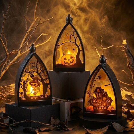 Kit décor Halloween 3 pièces - Citrouille, crâne, maison hantée - Bougie LED - Extérieur - Portable (1/5)