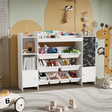 JOOKGBD-Libreria Bambino,Scaffale Portaoggetti con Lavagna Nera,8 Cassetti Amovibili e 3 Armadi,Mobile Giocattoli per Camera Bambino Sala Giochi,Bianco
