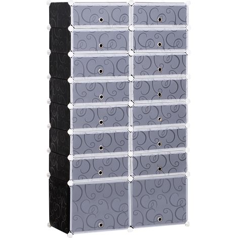 Scarpiera modulare, organizer per scarpe, L 95 x P 37 x H 160 cm, 14 cubi rettangolari e 2 cubi grandi, plastica bianca e nera.