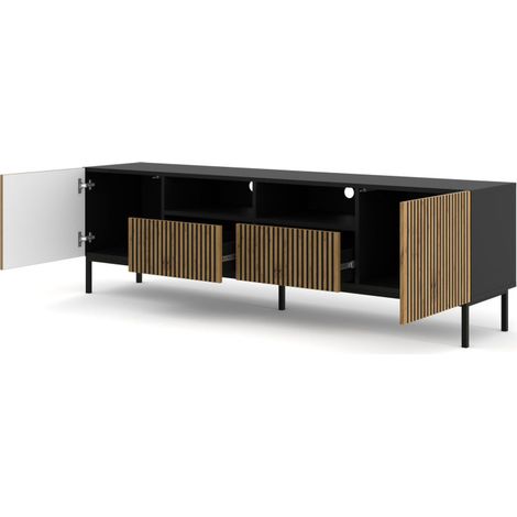 Ac-Deco – Meuble TV 200 cm avec 2 portes et 2 tiroirs – Finition bois noir – Système 'Push to open' – 2 niches pour câbles (1/5)