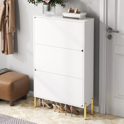 Armoire à chaussures minimaliste moderne 3 portes grande capacité pieds dorés élégante pratique pour entrée et hall.