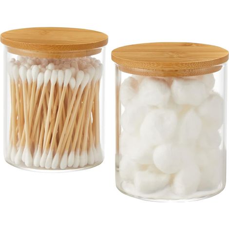 Bocal En Verre Pour Coton-Tiges - Couvercle En Bambou - Bocal Apothicaire Pour Salle De Bain - Lot De 2 (1/5)
