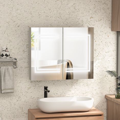 Mobilier Salle Bain Étagères Réglables Miroir Interrupteur Tactile Couleur Lumière Réglable Brillant Intérieur Blanc 80x15x65cm