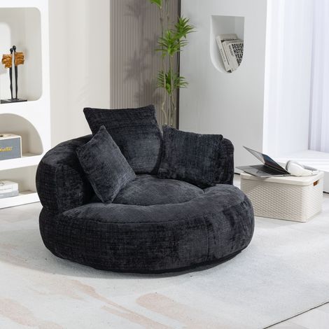 Fauteuil poire lounge durable avec dossier haut, 3 coussins inclus, pour adultes et enfants, intérieur et extérieur, fauteuil gaming 1 place en chenille noire