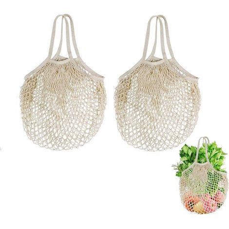 Set di 2 borse per la spesa in cotone VVGoods, riutilizzabili e lavabili, ideali per frutta e verdura, colore beige. (1/5)