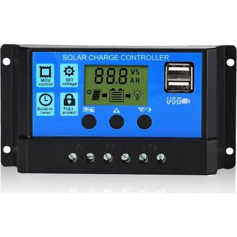 Lntyq Régulateur de charge de panneau solaire PWM, 12 V/24 V, 20 A, écran LCD, double port USB (1/4)