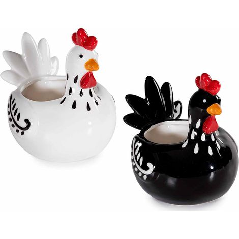 Contenitori in ceramica a forma di gallinella con decori in rilievo, set da 2 pezzi, cm 16 x 18,5 x 18 H