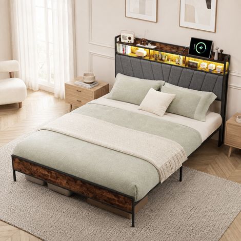 Lit double 160x200 cm avec tête de lit de rangement et système LED, lit adulte avec tête de lit rembourrée, étagère et sommier à lattes en métal (1/5)