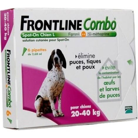 6 Pipettes Frontline Combo pour les gros chiens (20-40 kg) Anti-puces et Ticks Fipronil 2.68 ml