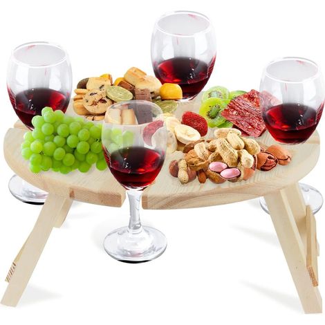 Folding Picnic Table Wine Glass Holder, Picnic Wine Table, Folding Wine Table, Outdoor Wooden Wine Table, Portable Wooden Picnic Table, for Cheese and Fruit (1/5)