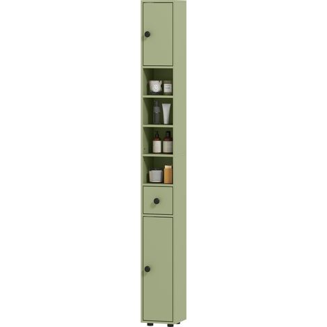 Hoher Badezimmerschrank mit 1 Schublade, 4 verstellbaren Einlegeböden und 2 Türen, 20 x 20 x 180 cm, grün