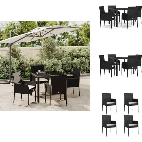 5-tlg. Garten-Essgruppe mit Kissen Schwarz Poly Rattan - Gartensessel - Gartentisch - Gartenmöbel - Outdoor Möbel - Rattan Gartenmöbel