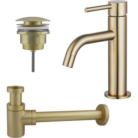 Fortifura Calvi Slim Kit mitigeur lavabo - robinet bas - bonde clic clac - siphon design bas - PVD Laiton brossé