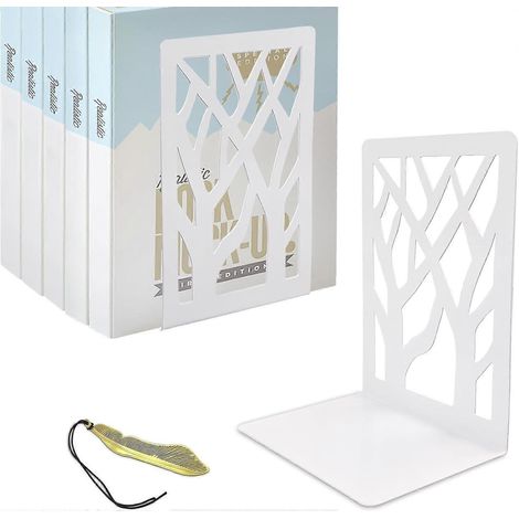 1 paire de serre-livres blancs pour étagères, antidérapants et inoxydables, design unique. (1/4)