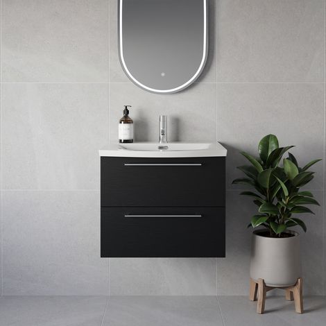 Napoli 390 Nero Oak 600mm Wall Mounted 2 Drawer Vanity Unit with Arc Basin - 600mm - Chrome 320mm Handle